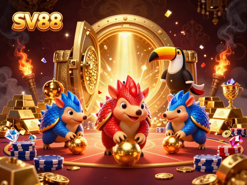 SV88 pangolins bowling through poker chips with a vibrant gold treasure background
