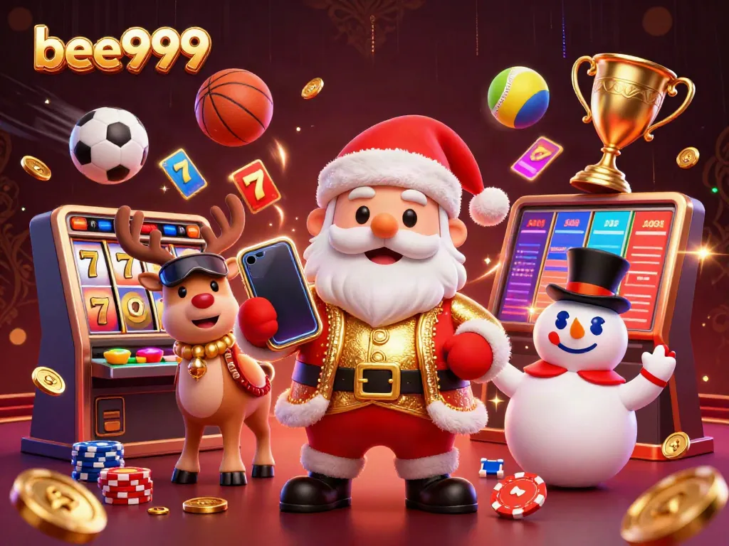 Jump into action with bee999's festive casino adventures featuring Santa, a reindeer, and a snowman.