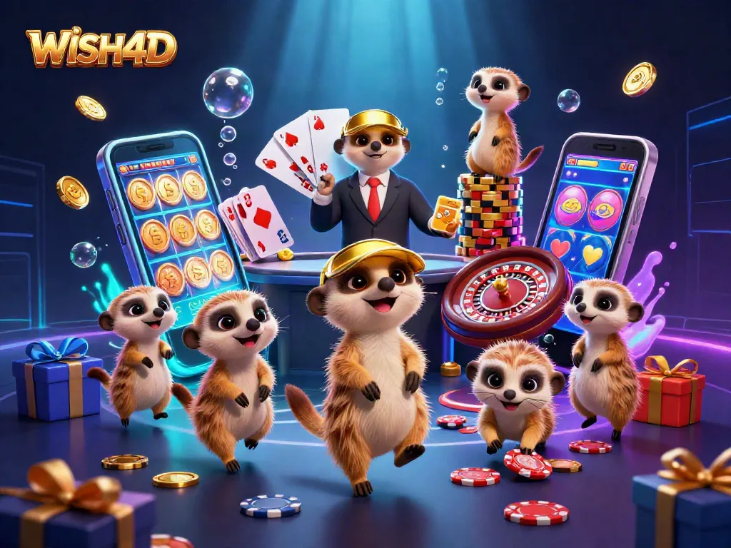 WISH4D meerkats running a casino operation with vibrant gaming elements and a colorful slot game backdrop.