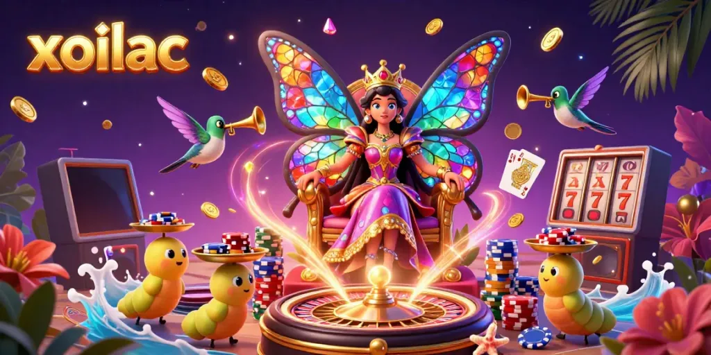 Experience the magic of xoilac with a vibrant butterfly queen amidst casino games and shimmering coins.