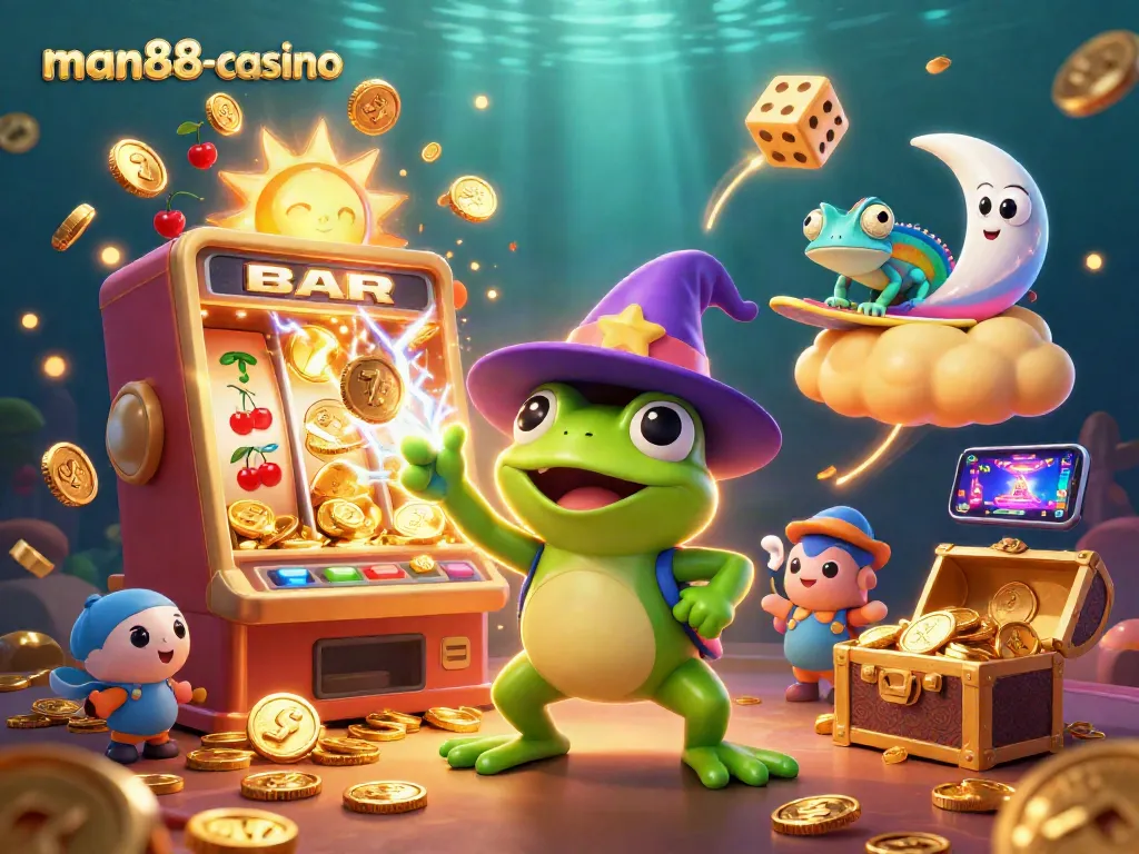 Win big at man88-casino with a vibrant 3D illustration of a magical gaming scene.