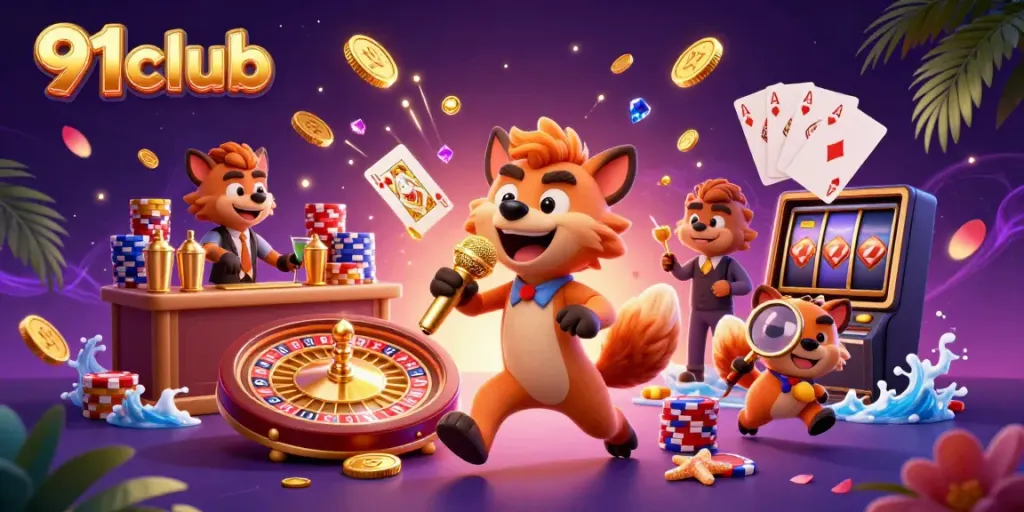 Experience thrilling moments at 91club with hyena characters in a vibrant casino scene.