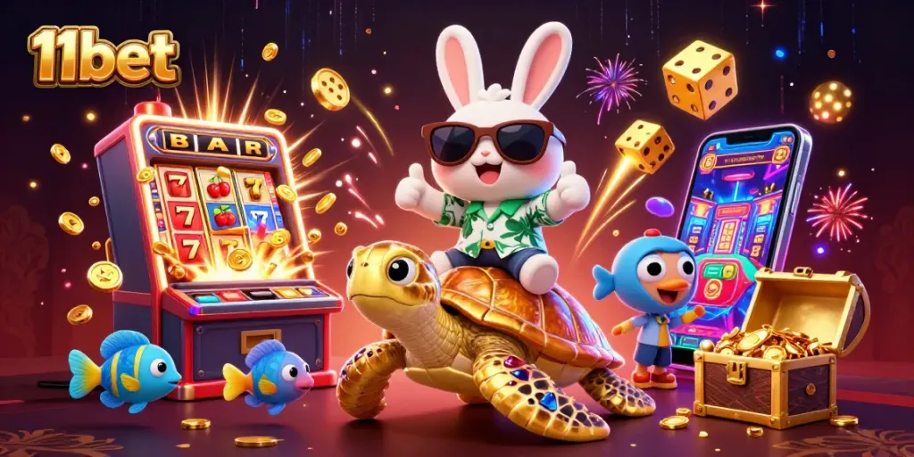 Engage with the thrilling 11bet experience where a lucky rabbit celebrates winning amidst vibrant casino elements!