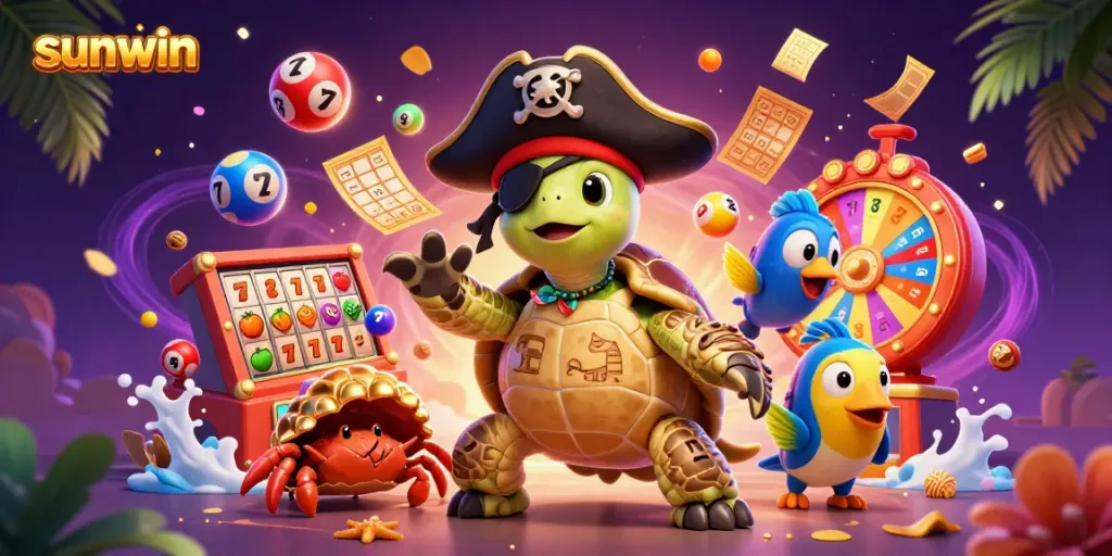 Experience exciting gaming at sunwin with a colorful and dynamic casino-themed 3D rendered scene featuring playful characters.