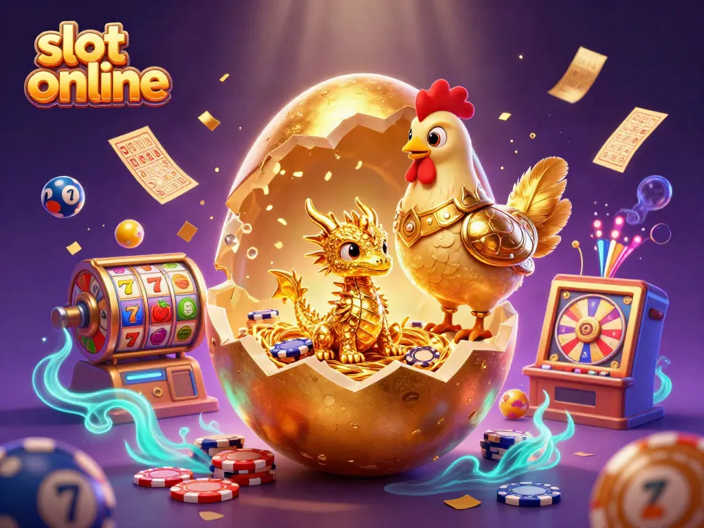 Play thrilling slot online with a vibrant scene of a baby dragon and poker chips amid colorful casino elements.