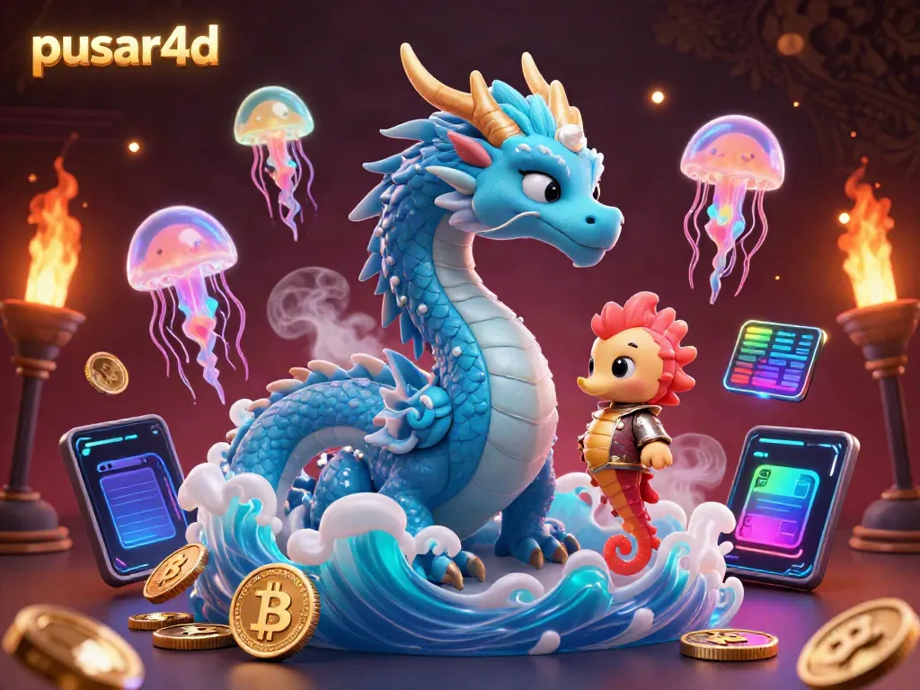 Engage in exciting gameplay with pusar4d featuring a majestic water dragon and seahorse knight surrounded by vibrant crypto elements.