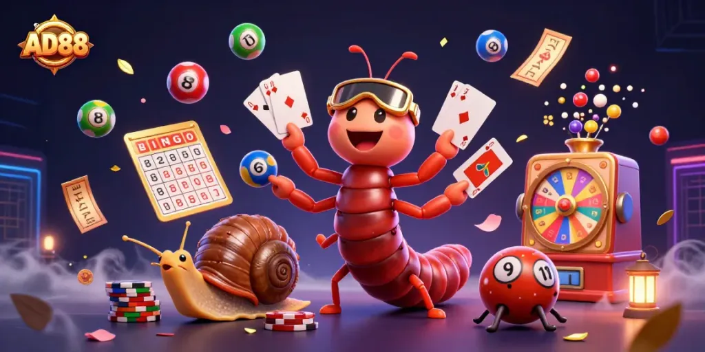 Experience AD88 excitement with unique characters and vibrant lottery elements in a dynamic casino scene.