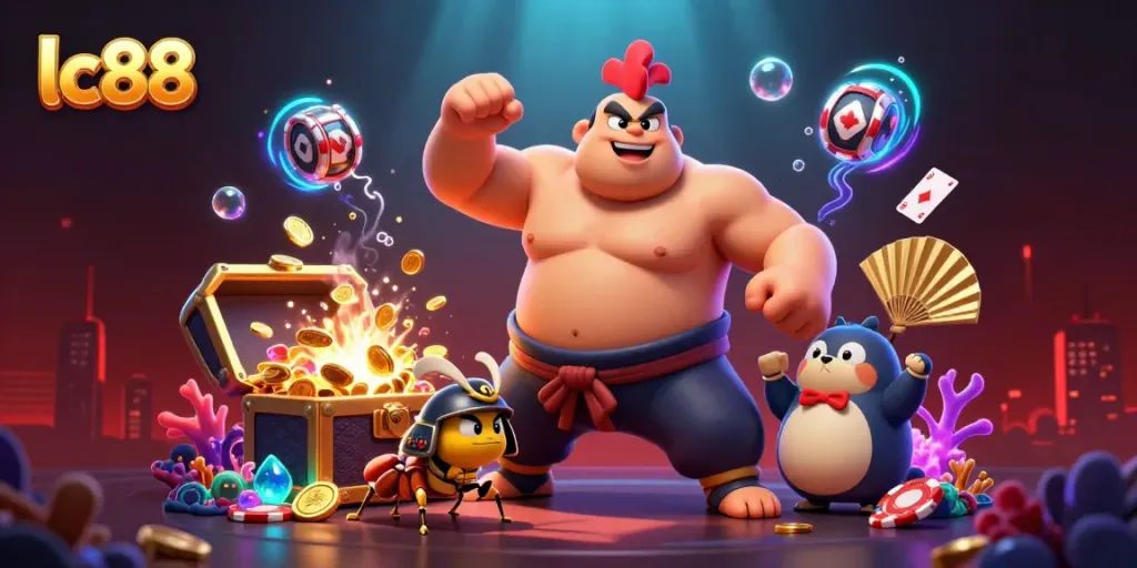 Engage with lc88's thrilling casino experience through an action-packed 3D scene featuring sumo wrestlers and glowing treasures.