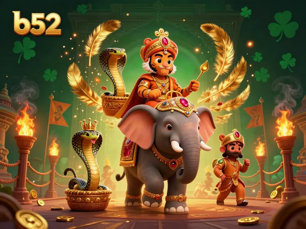 Experience thrilling action at b52 Casino with a vibrant scene of a majestic maharaja tiger amidst swirling golden elements.
