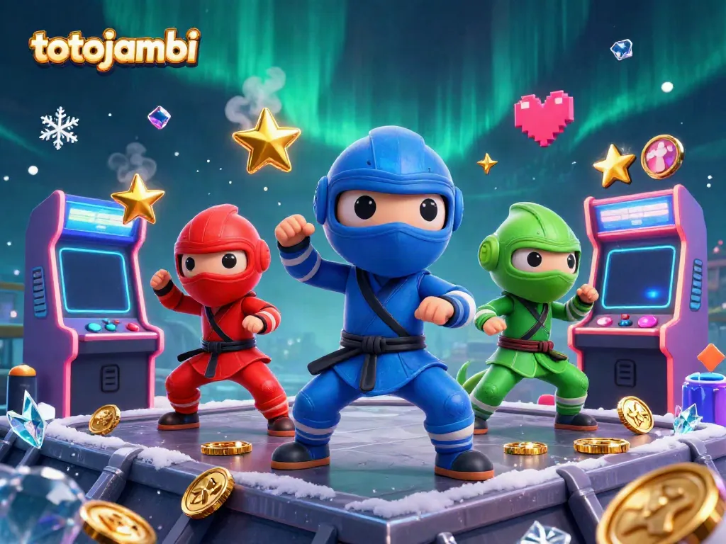 Engage with totojambi's dynamic casino scene featuring action-posed chameleon ninjas surrounded by gaming elements.