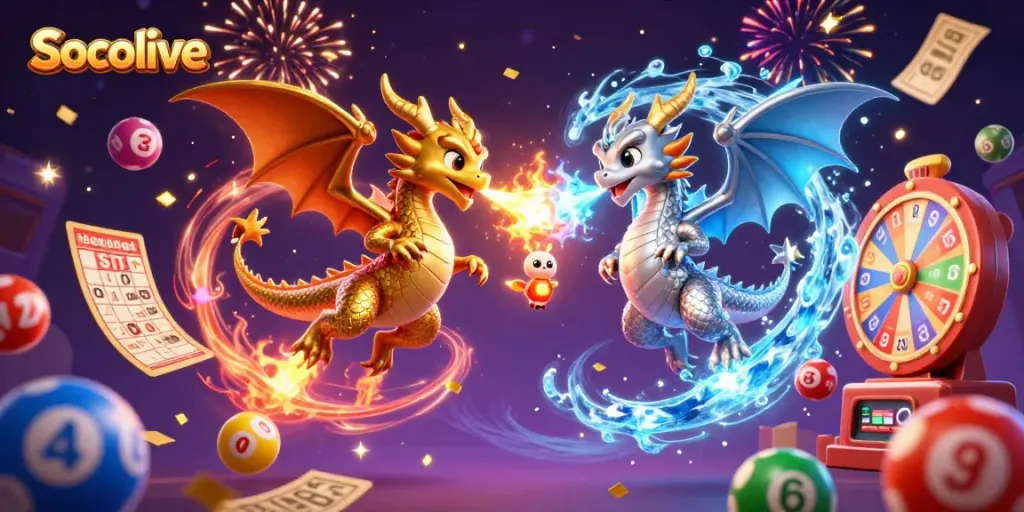Socolive brand emerges in a vibrant casino scene with twin dragons and dynamic gaming elements