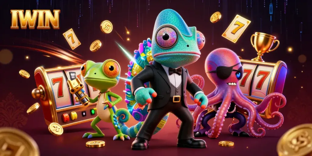 IWIN showcases a thrilling 3D chameleon agent, casino elements, and vibrant colors in action.