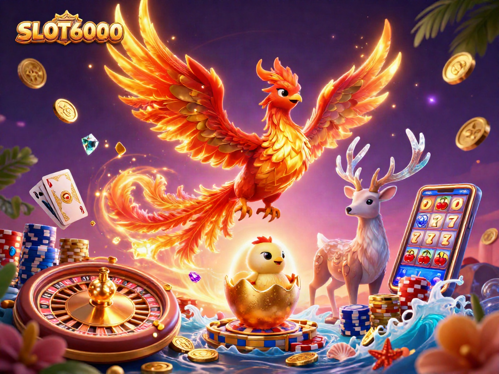 Experience high-stakes action with SLOT6000 in this vibrant casino-themed 3D illustration.