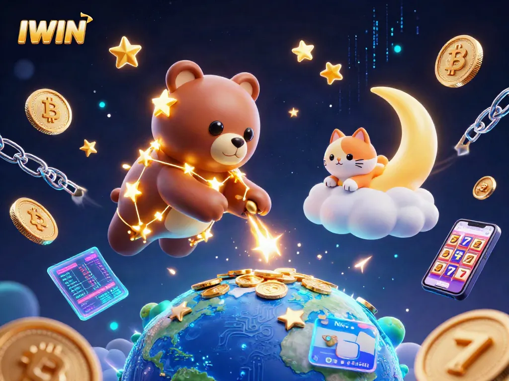 IWIN showcases an exciting casino scene with a constellation bear scooping coins amid vibrant slot game elements.