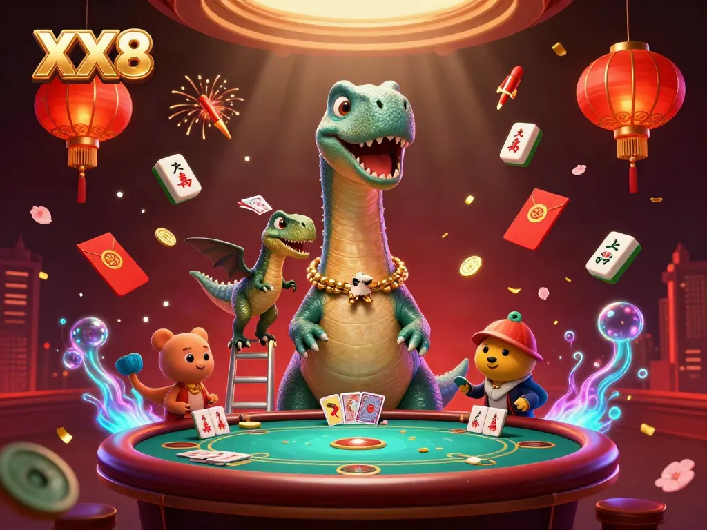 Experience thrilling baccarat action with XX8 at a unique casino scene featuring playful dinosaurs.