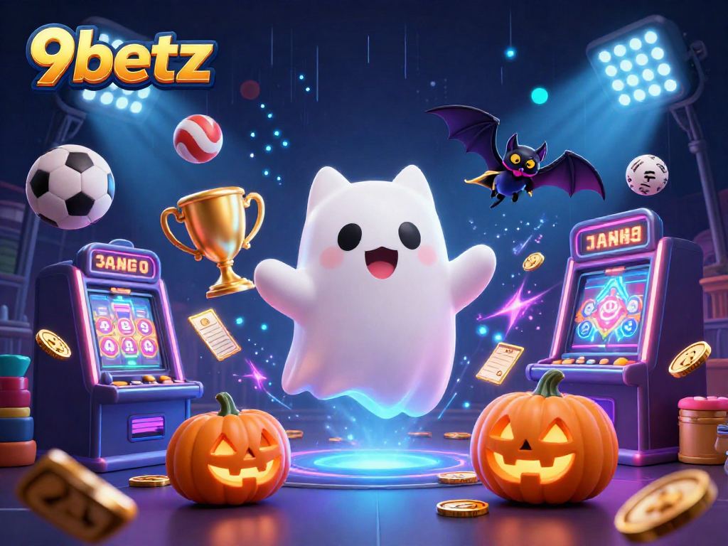Win exciting games at 9betz with a vibrant casino scene featuring ghostly characters and sports elements.