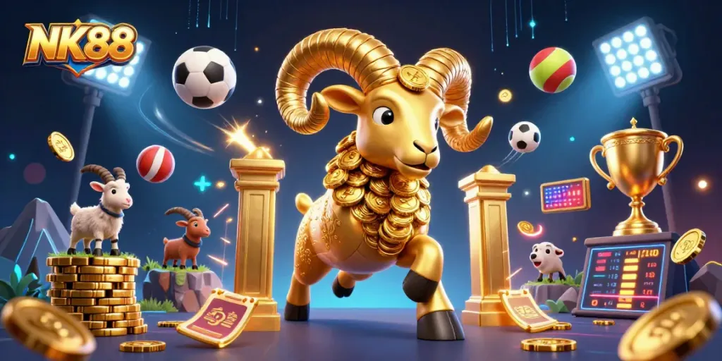 Win big with NK88 as a golden ram charges through a dynamic gambling scene full of sports elements.