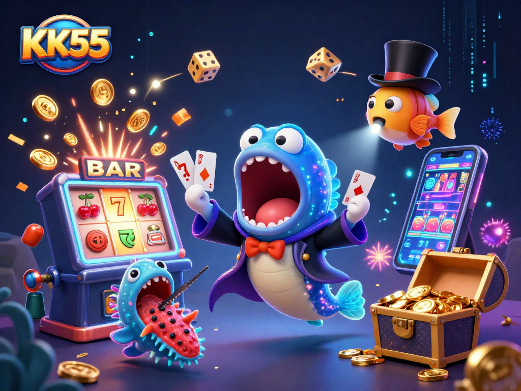 Experience the excitement of KK55 with a dynamic scene featuring a bioluminescent eel performing magic tricks and a variety of vibrant casino elements.