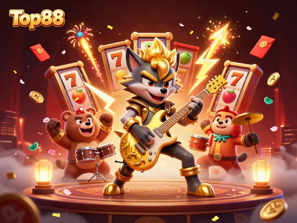 Top88's vibrant casino scene with cartoon wolf rock star and slot reels showcasing a dynamic gaming experience.