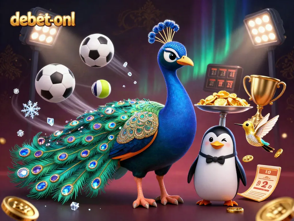 Engage with the thrilling world of debet-onl through vibrant gaming visuals featuring a peacock and penguin, showcasing casino excitement.