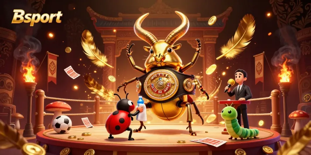 Experience thrilling sports betting action with Bsport in a vibrant 3D illustration featuring a golden stag beetle champion.