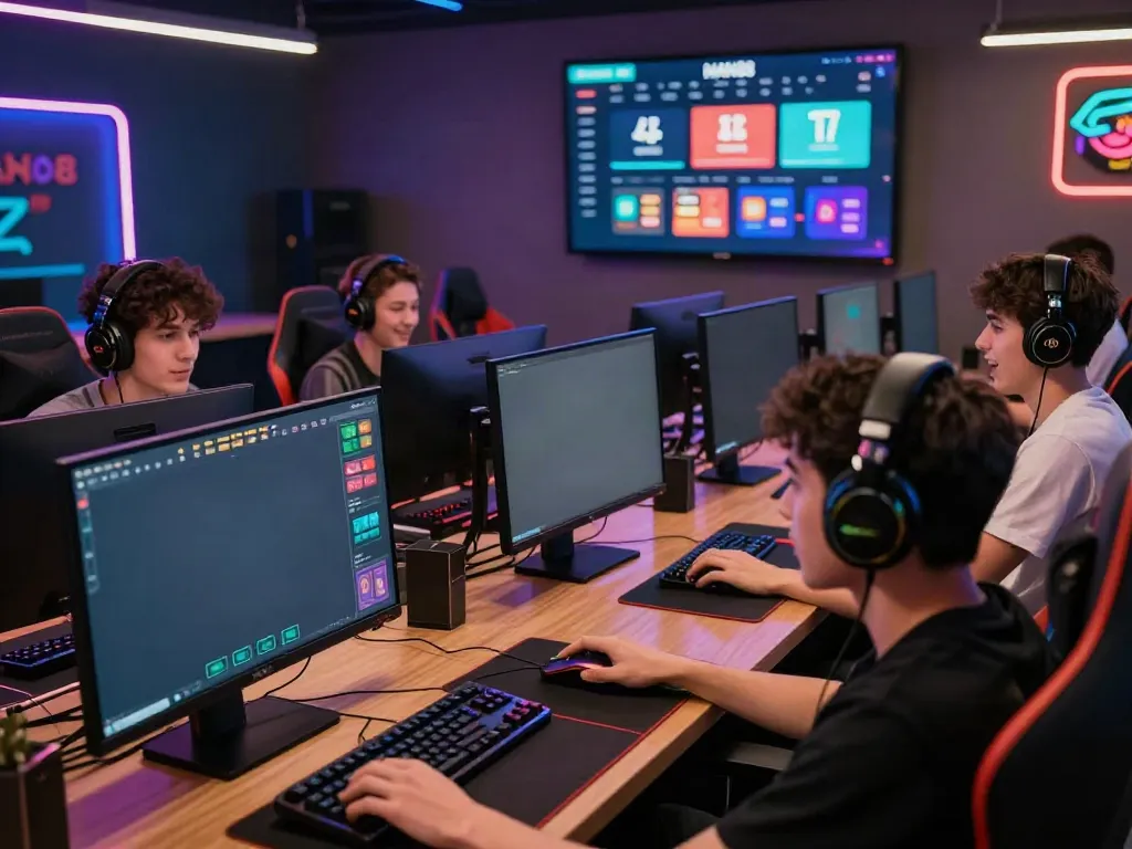 Players enjoying online betting on MAN88 platform in a vibrant gaming lounge.