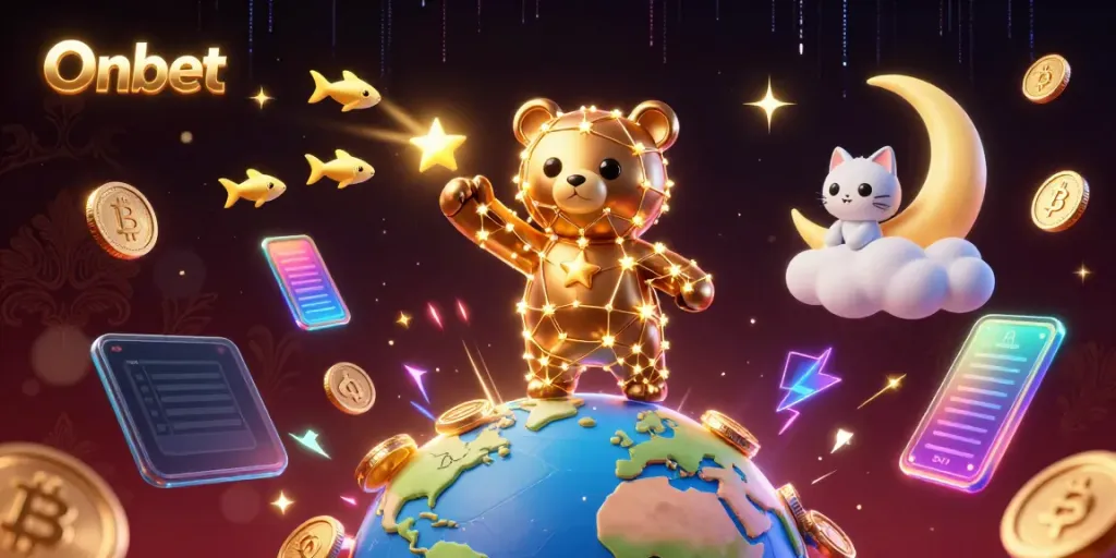 Join the fun at Onbet with a dazzling casino scene featuring animated characters and crypto elements.