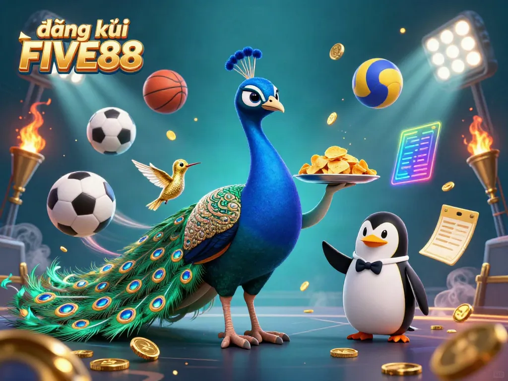 Engage in đăng ký FIVE88 with vibrant visuals of a peacock, penguin, and sports elements.