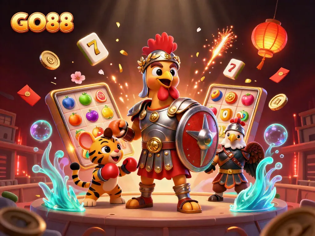 Experience thrilling casino vibes with GO88 as characters celebrate around vibrant slot reels.