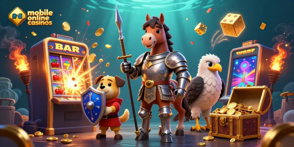Experience fun with mobile online casinos as a knight and his puppy celebrate a jackpot