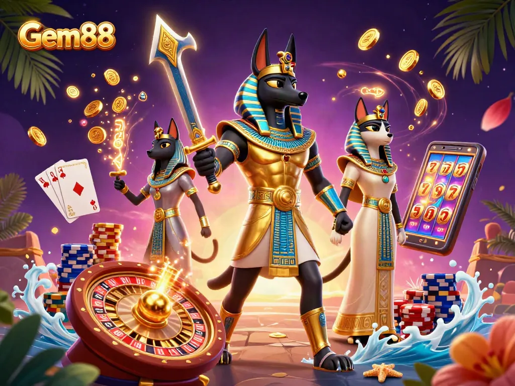 Experience Gem88's immersive online casino atmosphere with ancient Egyptian characters amidst dynamic game elements.
