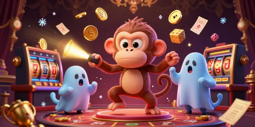 Experience the thrilling action at xoso66 with a playful monkey and ghost-hunter puppy in a bustling casino adventure.