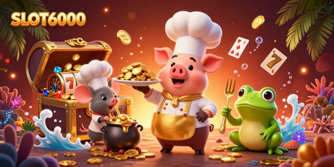SLOT6000 slot adventure: Chef pig serves gold coins as lucky 7s and vibrant gems scatter around.