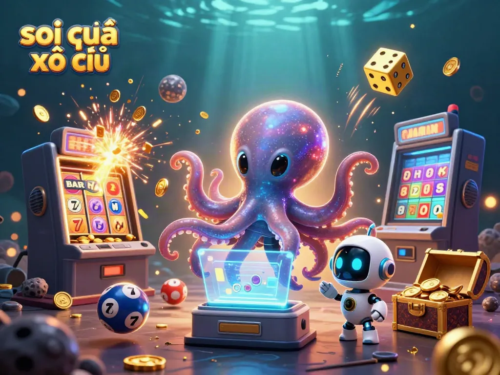 Visualize soi cầu xổ số strategies with an alien octopus analyzing colorful lottery results at a digital game table.
