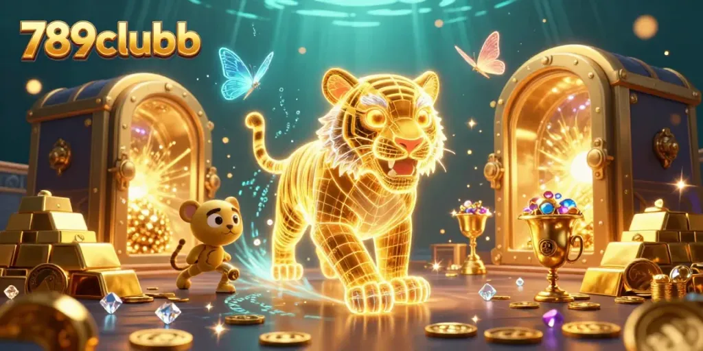 Experience the vibrant casino adventure with 789clubb, featuring a golden tiger exploring a magical world of gaming delights.