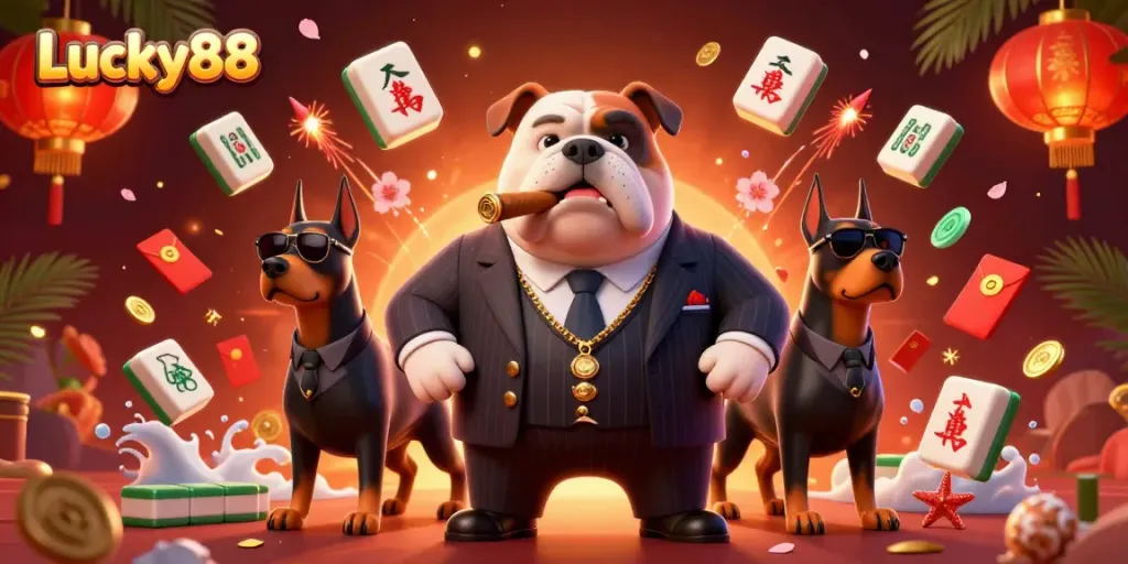 Experience Lucky88's thrilling gaming atmosphere with a mafia boss bulldog illustration and rich casino elements.