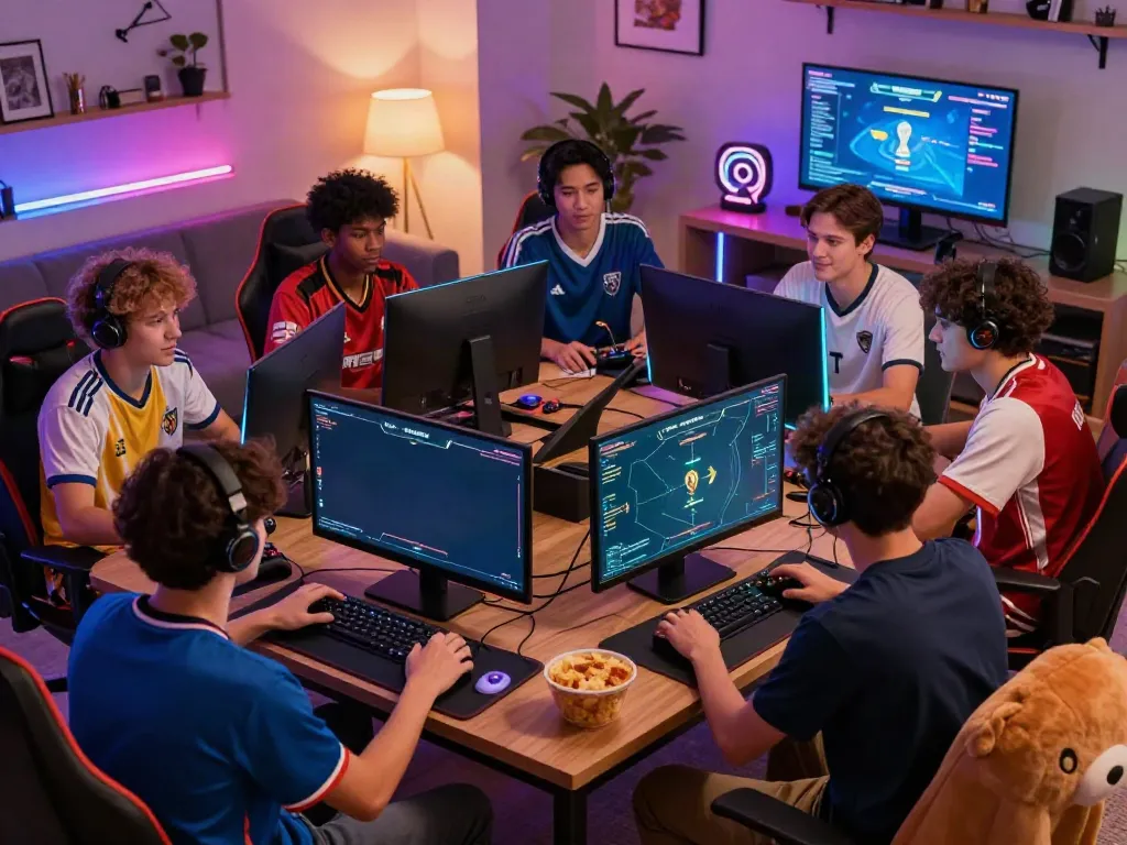 Friends enjoying multiplayer gaming on MANTUL88 in a vibrant living room.