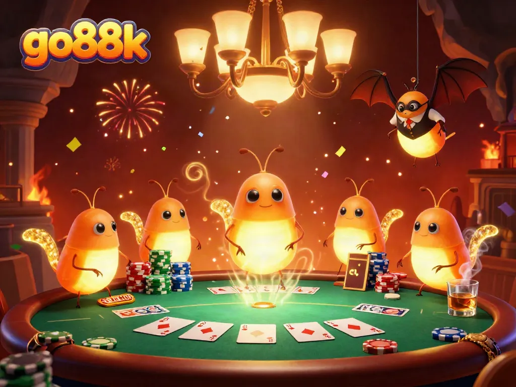 Experience go88k's vibrant cave casino illuminated by glowworms and a bat dealer for thrilling poker play.