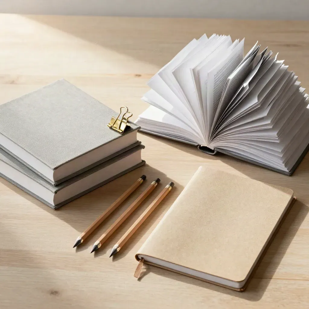 Książki, spinacze i ołówki w szkolnym flat lay na jasnym drewnie.