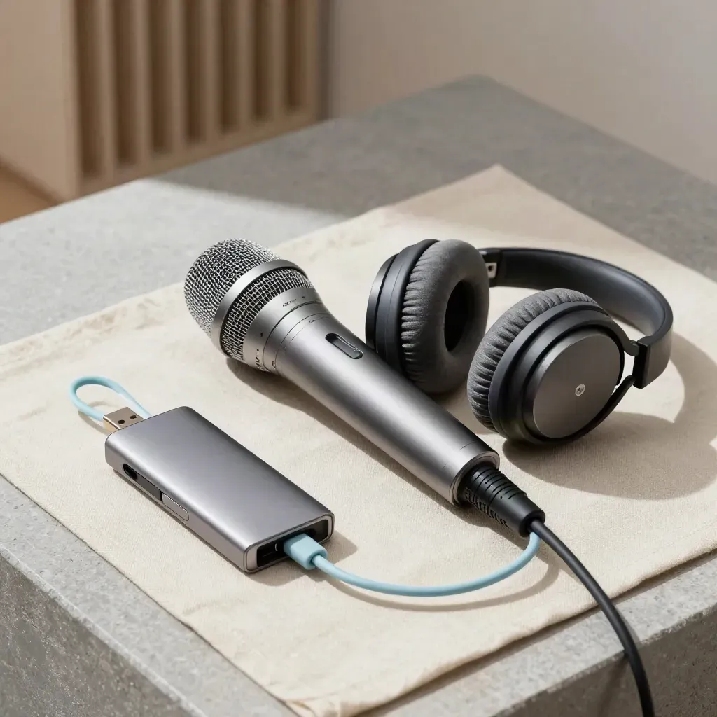 Mikrofon, słuchawki i hub USB na jasnym podłożu, gotowe do webinaru.