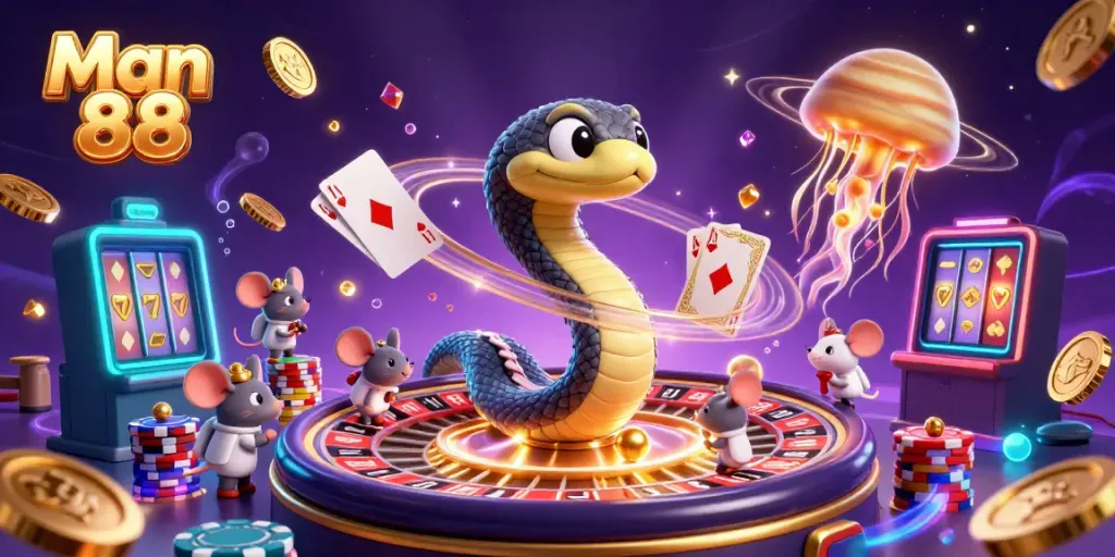 Bet on Man 88 with vibrant cosmic casino scene featuring astronauts and a roulette wheel.