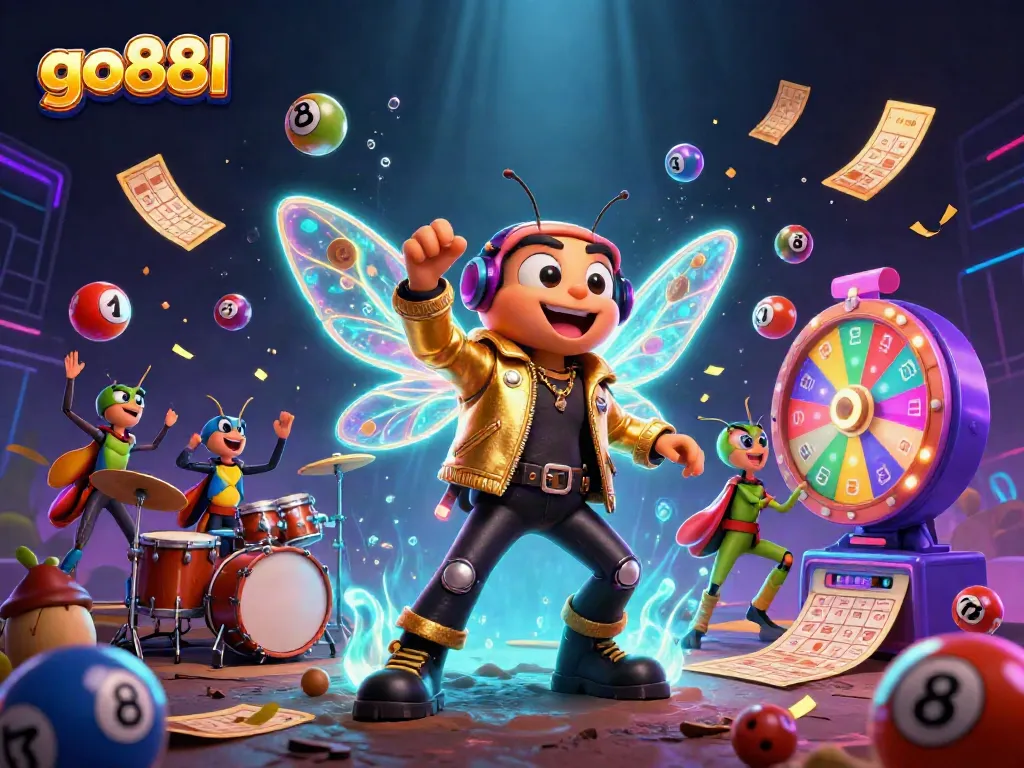 Experience excitement with go88l as a cicada rock star performs amid vibrant gaming elements.