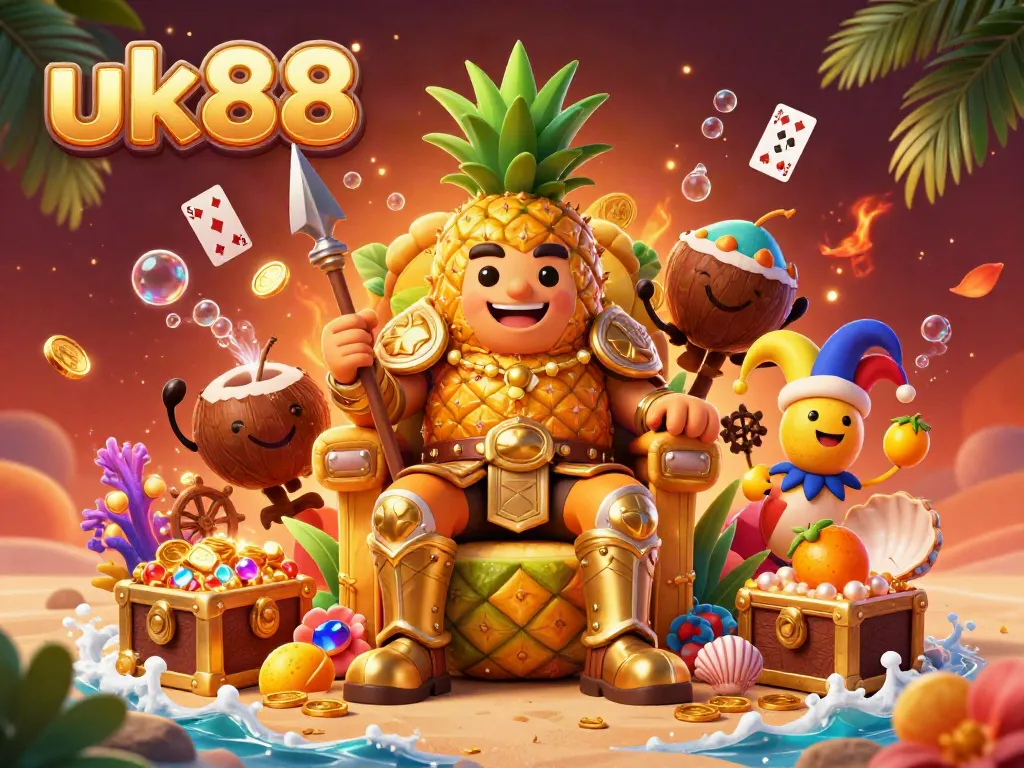 Engage with uk88's vibrant atmosphere where the pineapple king reigns over a bustling casino.