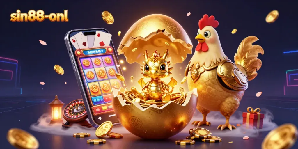 Engage in gaming excitement at sin88-onl featuring a golden dragon amidst poker chips and vibrant slot elements.