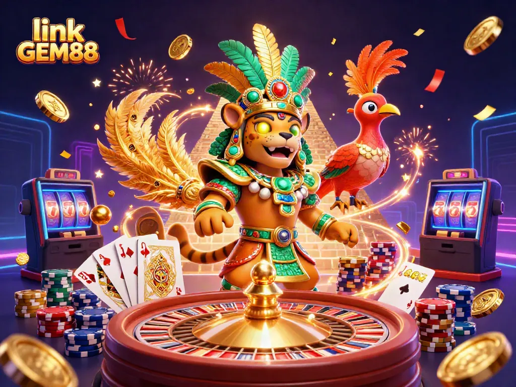 Engage with link GEM88 through vibrant gameplay featuring casino elements like coins and cards.