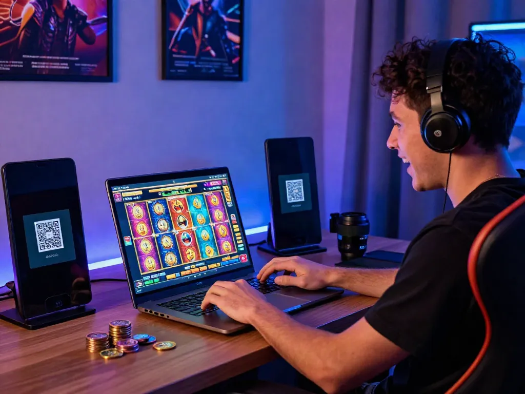 Engaged player enjoying slot qris experience at home with vibrant setup.