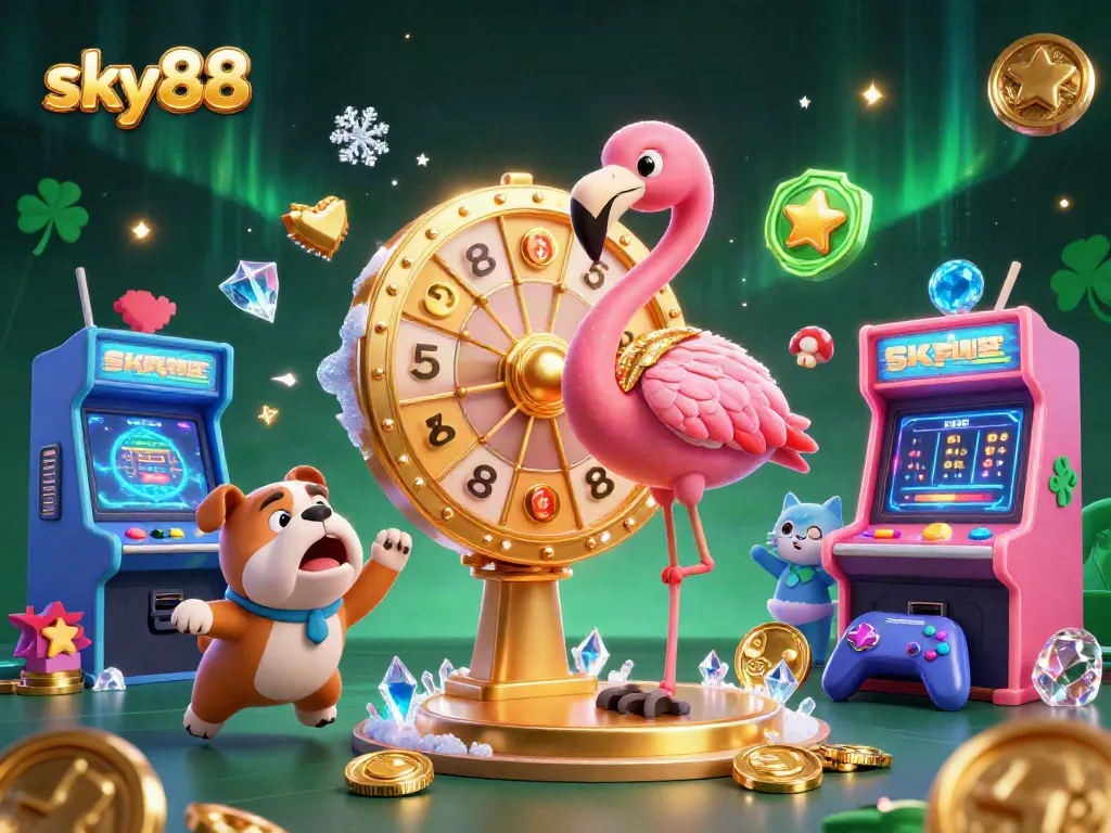 Experience thrilling spins and lively games at sky88 Casino, featuring dynamic characters and vibrant gaming elements.