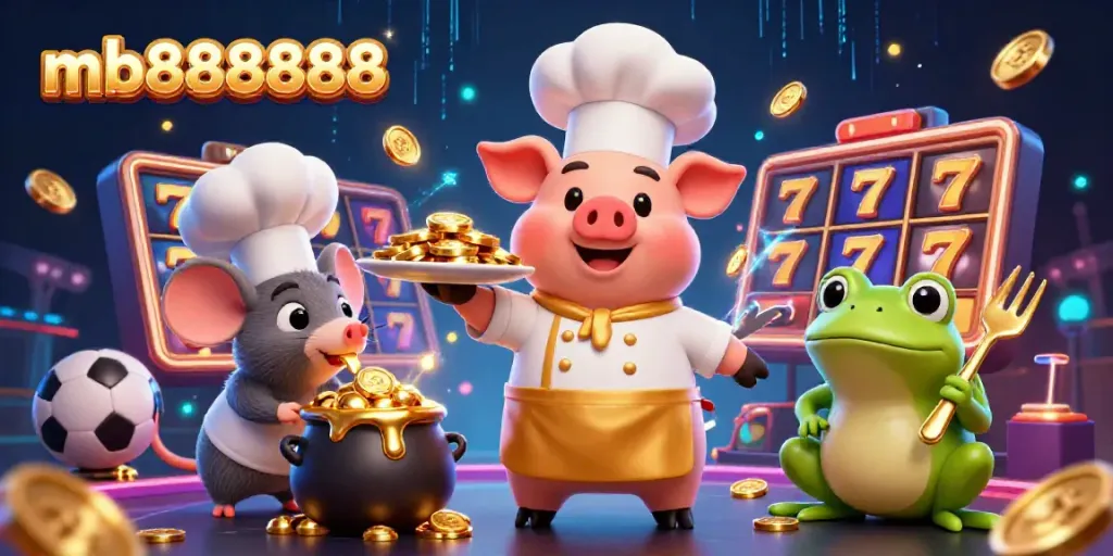 Experience casino excitement with mb888888 as a chef pig serves gold coins, showcasing slots and sports elements.