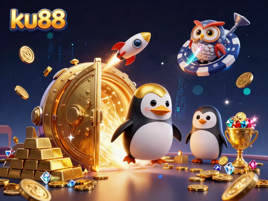 Experience the excitement at ku88 with a dynamic illustration of a golden penguin and casino elements.