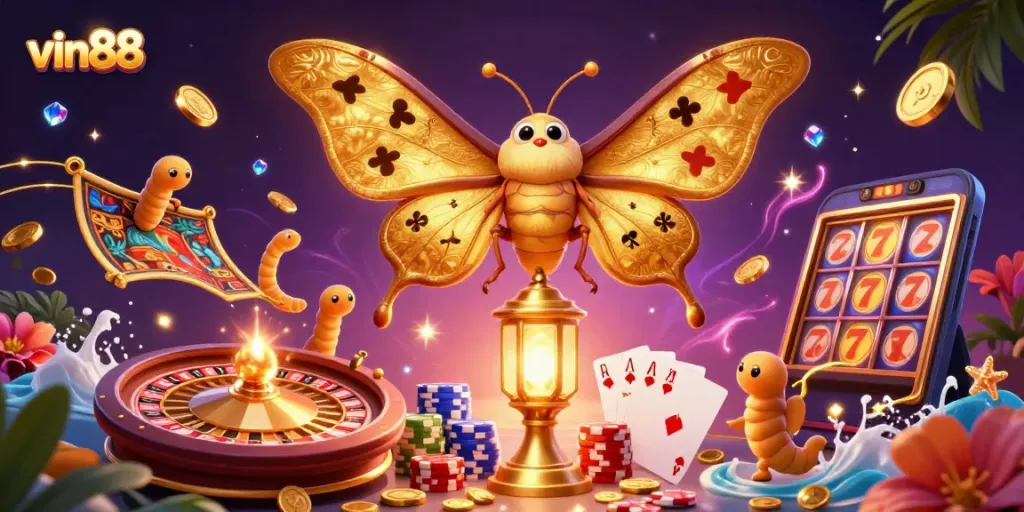 Experience the excitement of vin88 with a dynamic 3D illustration of casino elements and games.